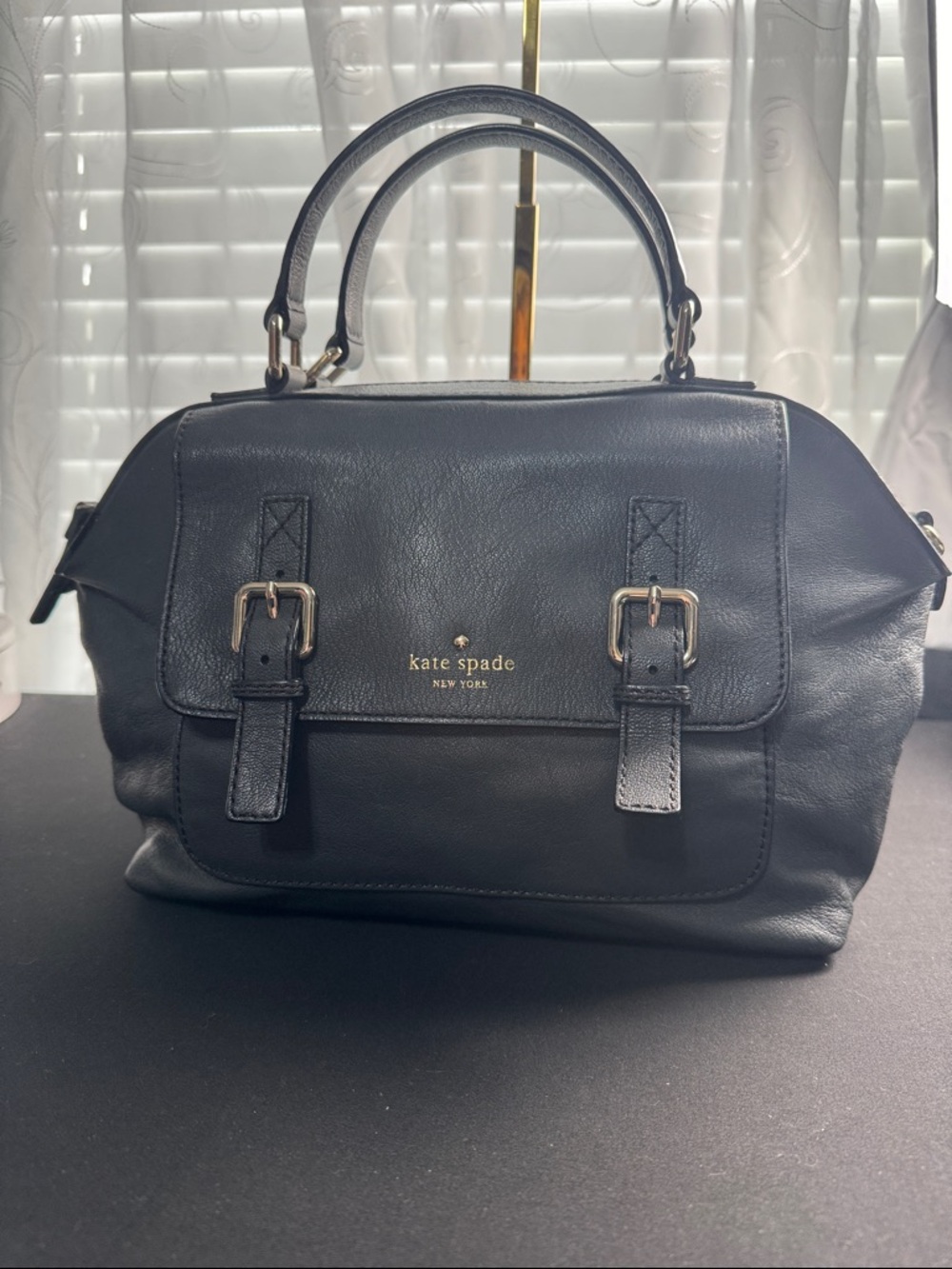 kate spade black leather buckle satchel